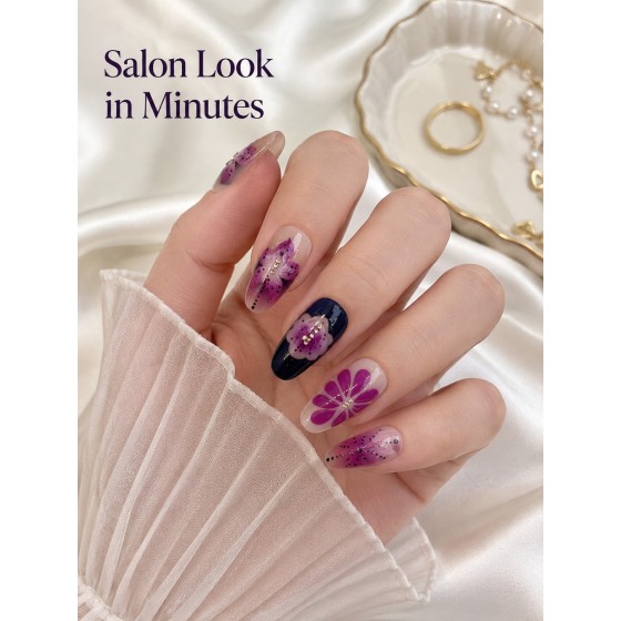 3D Purple Carved Floral Press‑On Nails, Medium Almond Black‑Purple Gradient Rhinestone False Nails